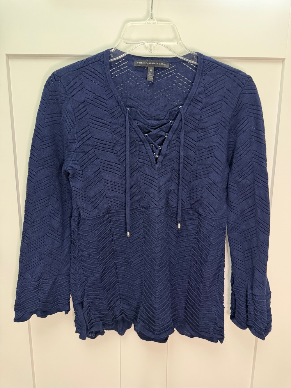 White House Black Market Navy Lace-Up Chevron Knit Top